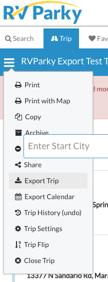RVParky Menu