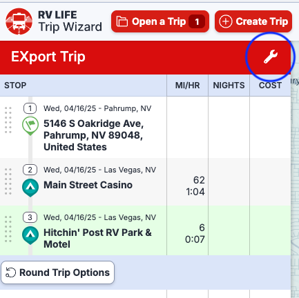 Open RV Trip Wizard Settings