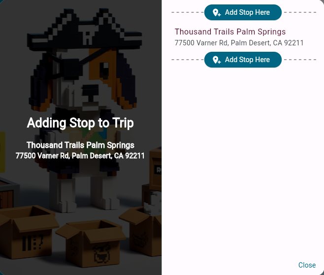 Using the add to trip dialog to add a stop